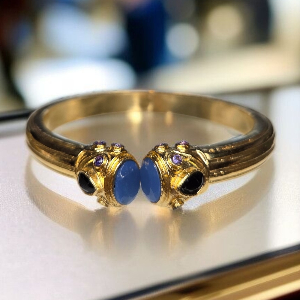 Etruscan 18k Gold Plated Blue Chalcedony Onyx Amethyst Chunky Bracelet - Picture 5 of 7